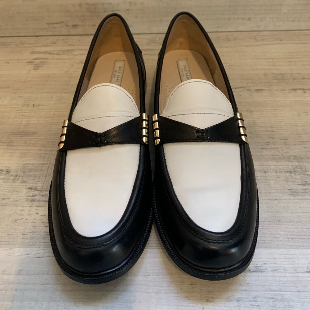 Cole Haan Black and White Loafer with Gold Accent